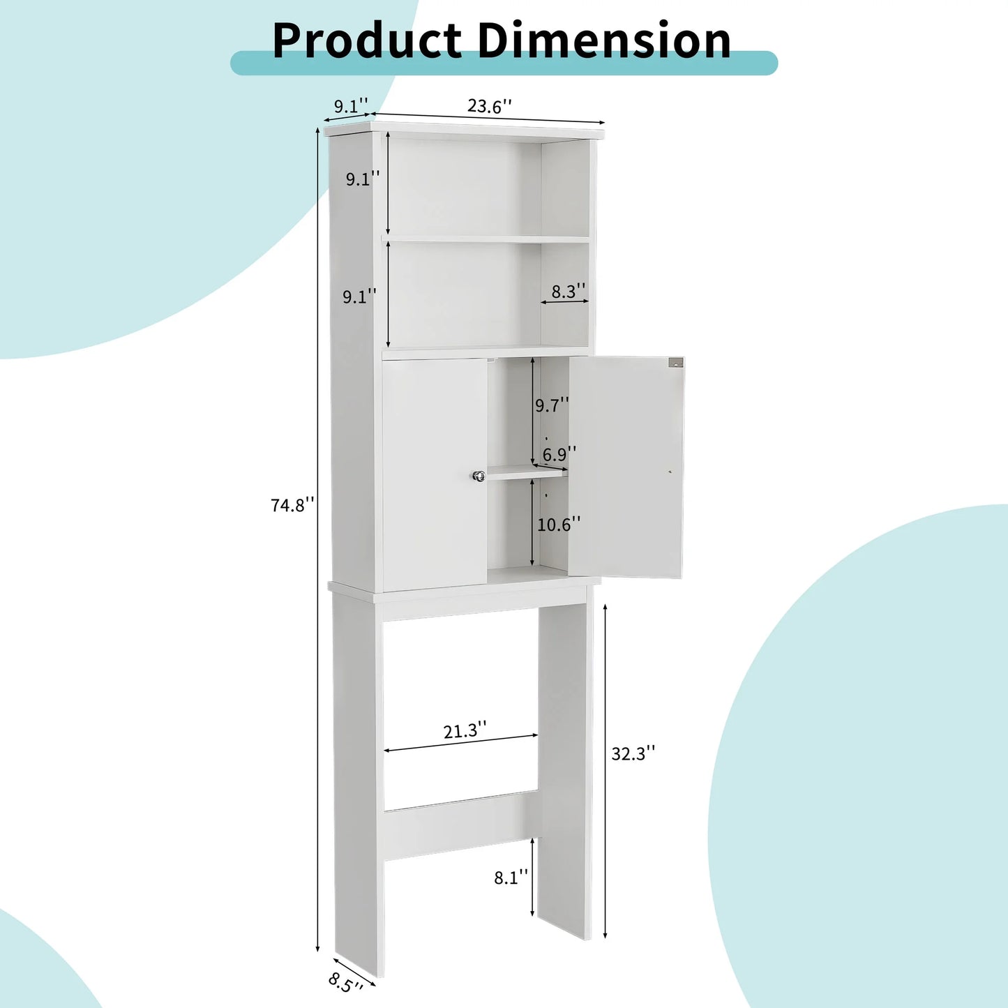Walsunny Over the Toilet Storage Cabinets Wood Bathroom Organizer Shelf Rack Space Saver with 2 Doors 4 Shelves Anti-Tip Device White