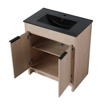 Holaki 30 Inch Freestanding Bathroom Vanity with Black Ceramic Sink & 2 Soft-Close Cabinet Doors, Plain Light Oak