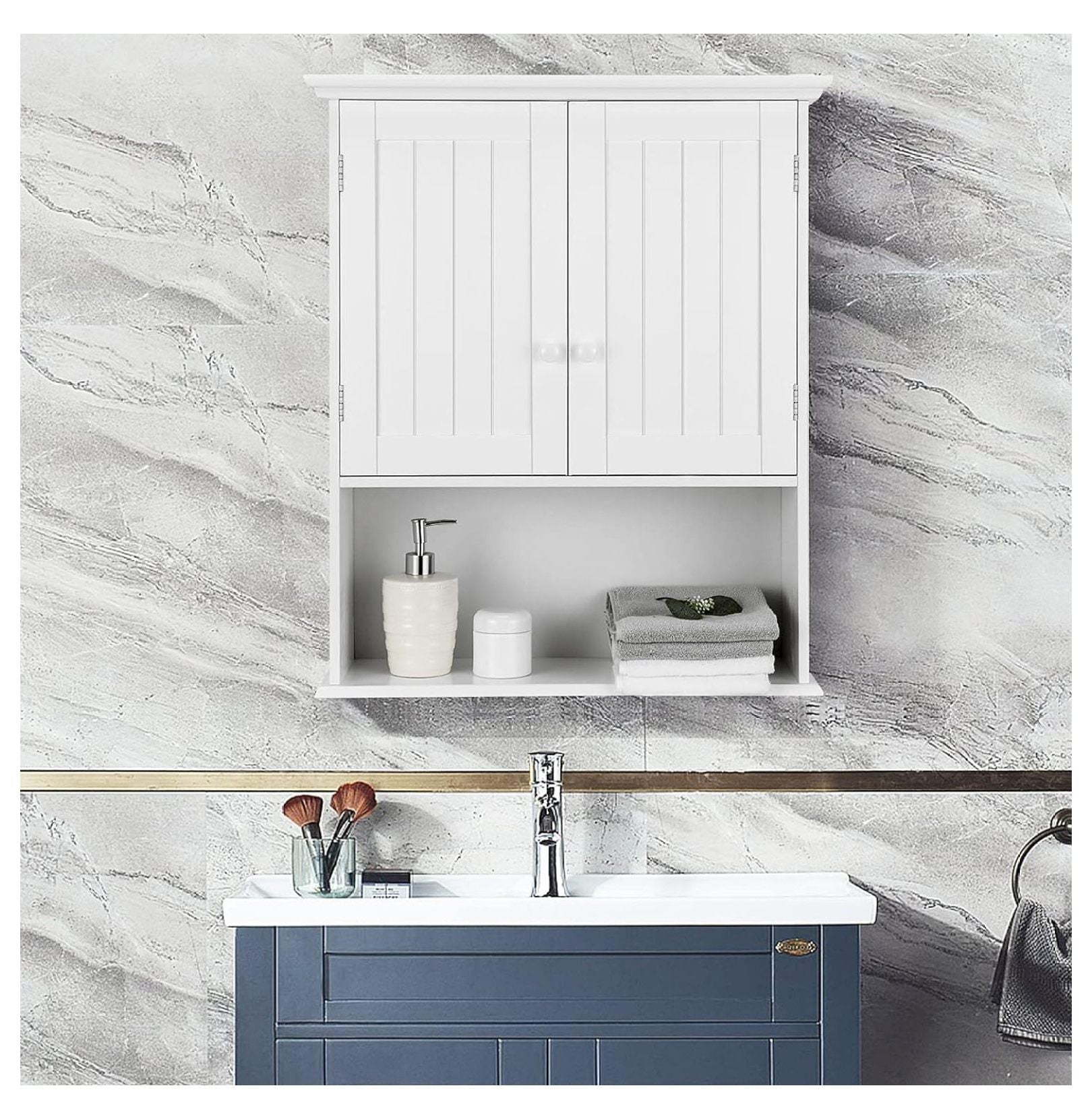 Ditangy Wall Mounted Bathroom Cabinet, Over The Toilet Storage Cabinet w/Double Doors & Adjustable Shelf, Wood Hanging Medicine Cabinet for Living Room, Entryway, Kitchen (White)