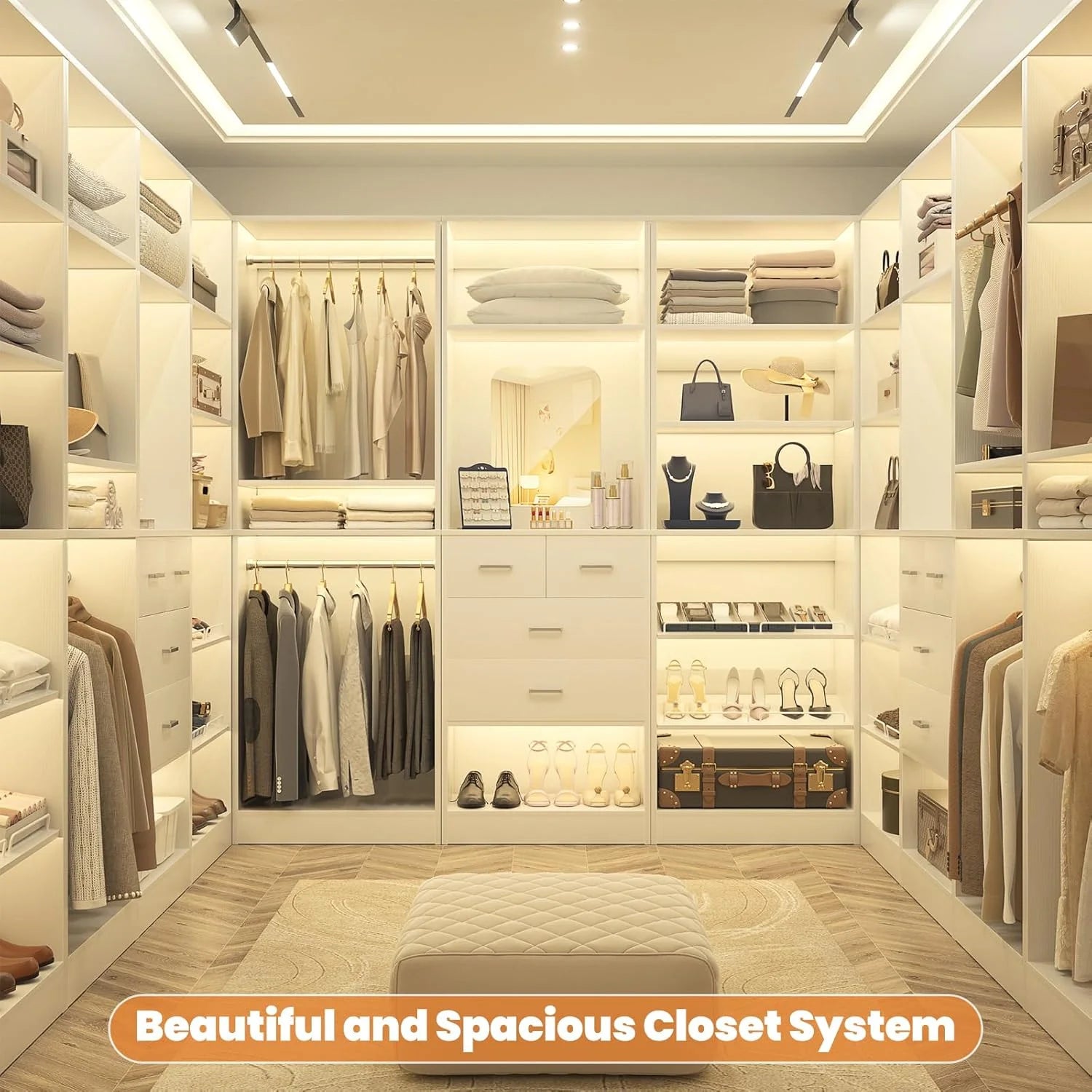 Homieasy 25°?Closet System, Freestanding Closet Organizer Wardrobe with Hanging Rods and Shelves, Adjustable Clothes Garment Rack, Sturdy Walk in Closet Tower, White