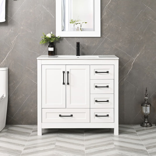 Eclife 36" White Bathroom Vanity Set with Ceramic Sink Top and Water Saving Faucet Drain