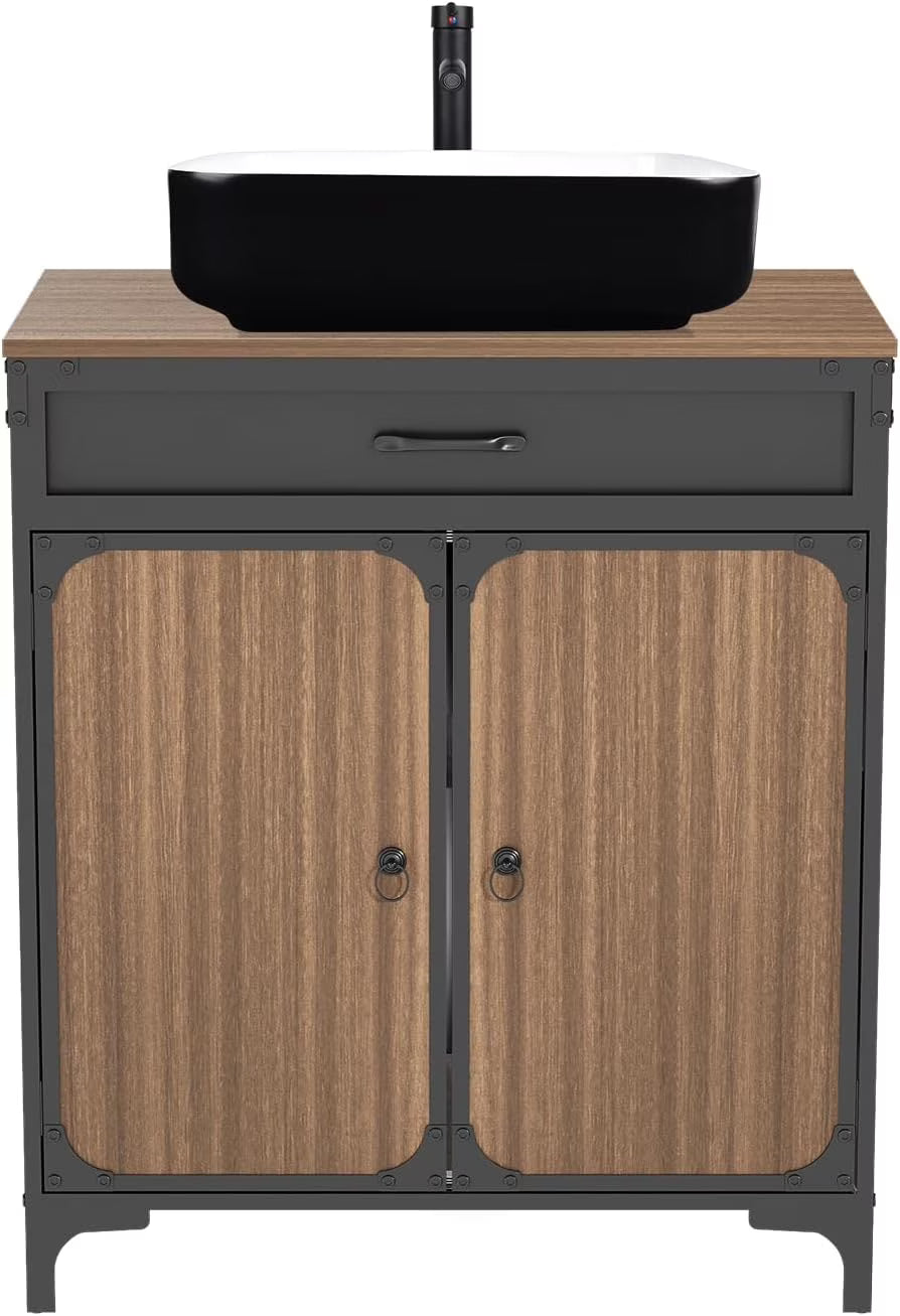 PULUOMIS Bathroom Vanity, 30" Bathroom Vanity with Sink Combo Set, Brown Modern Wood Bathroom Cabinet with Black Ceramic Bathroom Sink