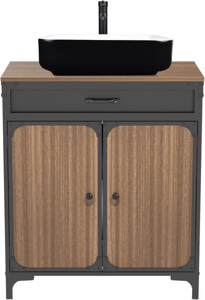 PULUOMIS Bathroom Vanity, 30" Bathroom Vanity with Sink Combo Set, Brown Modern Wood Bathroom Cabinet with Black Ceramic Bathroom Sink