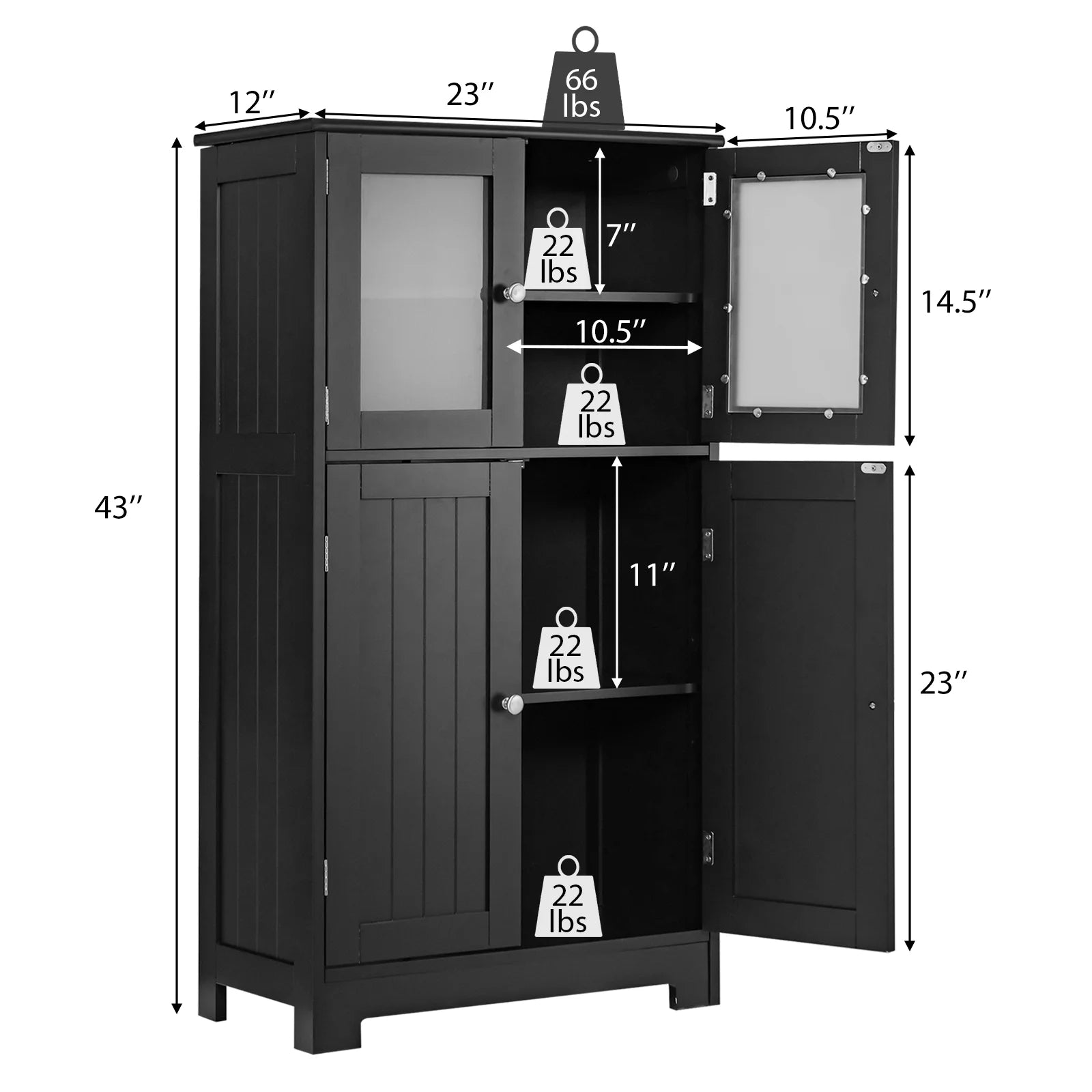 Costway Bathroom Floor Storage Cabinet Kitchen Cupboard w/Doors& Adjustable Shelf Black