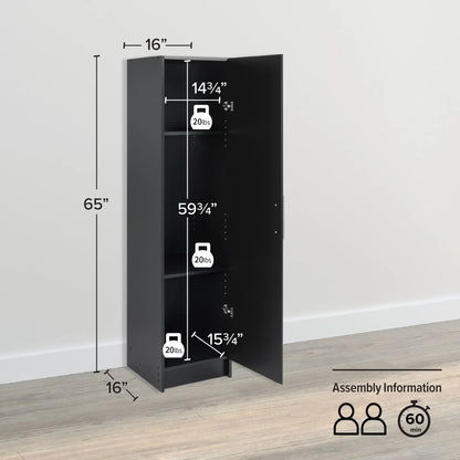 Prepac Elite 16" Storage Cabinet, Black Storage Cabinet, Bathroom Cabinet, Pantry Cabinet with 2 Adjustable Shelves, 16" D x 16" W x 65" H, BEB-1664
