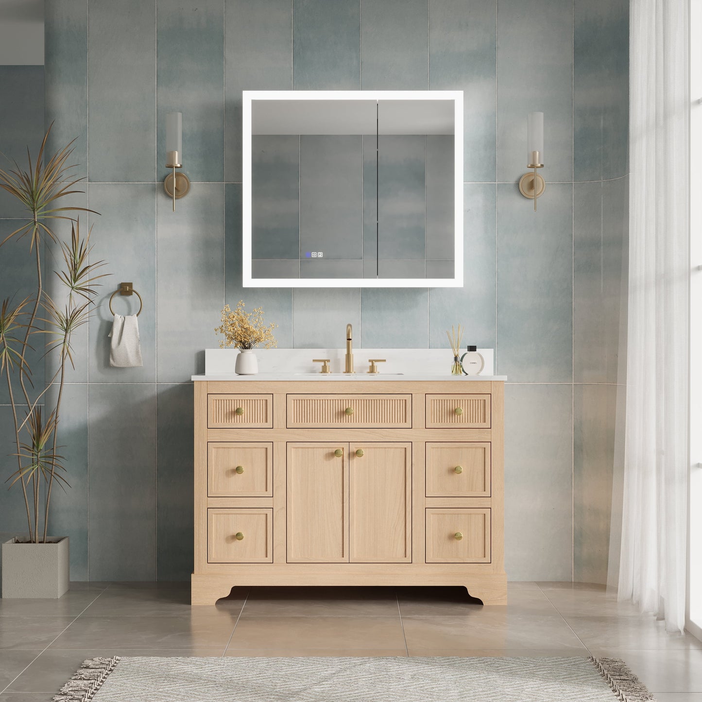 ANGELES HOME 36" x 32" LED Lighted Bathroom Medicine Cabinet with Mirror, 3X Magnification Makeup Mirror, Vanity Mirror Cabinet w/Defogger, Dimmable, Memory Function, Outlets & USB