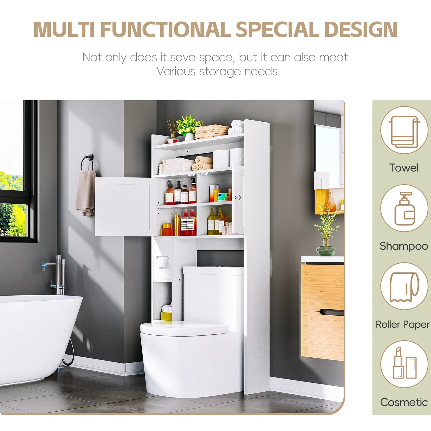 Tolead Over The Toilet Storage Cabinet with Paper Towel Holder, White