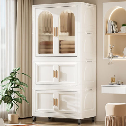 PORKISS Portable Wardrobe Closet, Folding Bedroom Armoire with Wheels, Plastic Storage Basket Can be Freely Combined (1 Layer of Wardrobe + 2 Layers of Folding Boxes+10 Hangers), Cream White-57.09"H