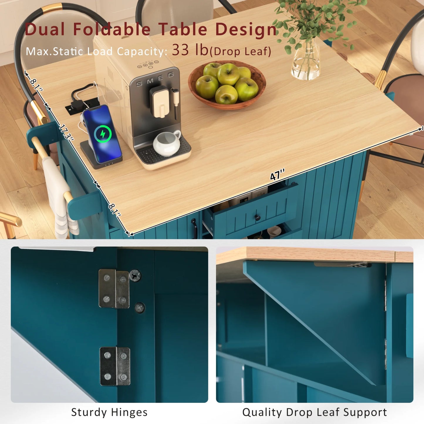 55.7'' Large Kitchen Island with 2 Drop Leaf,, Rolling Kitchen Cart on Wheels with Power Outlet, Spice & Towel Rack and 3 Drawers, Folding Storage Dining Table for Kitchen, Dining Room, Green