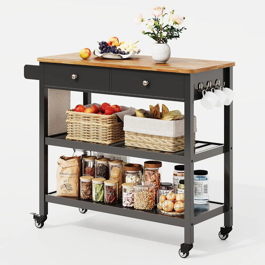 AIZYT Kitchen Island Cart with Storage, 40° Wooden Top, 2 Tiers Spacious Shelves and Towel Bar, 2 Drawer Mobile Trolley Cart On Metal Wheels with Hooks for Dining Room, Bar, Outdoor, Black