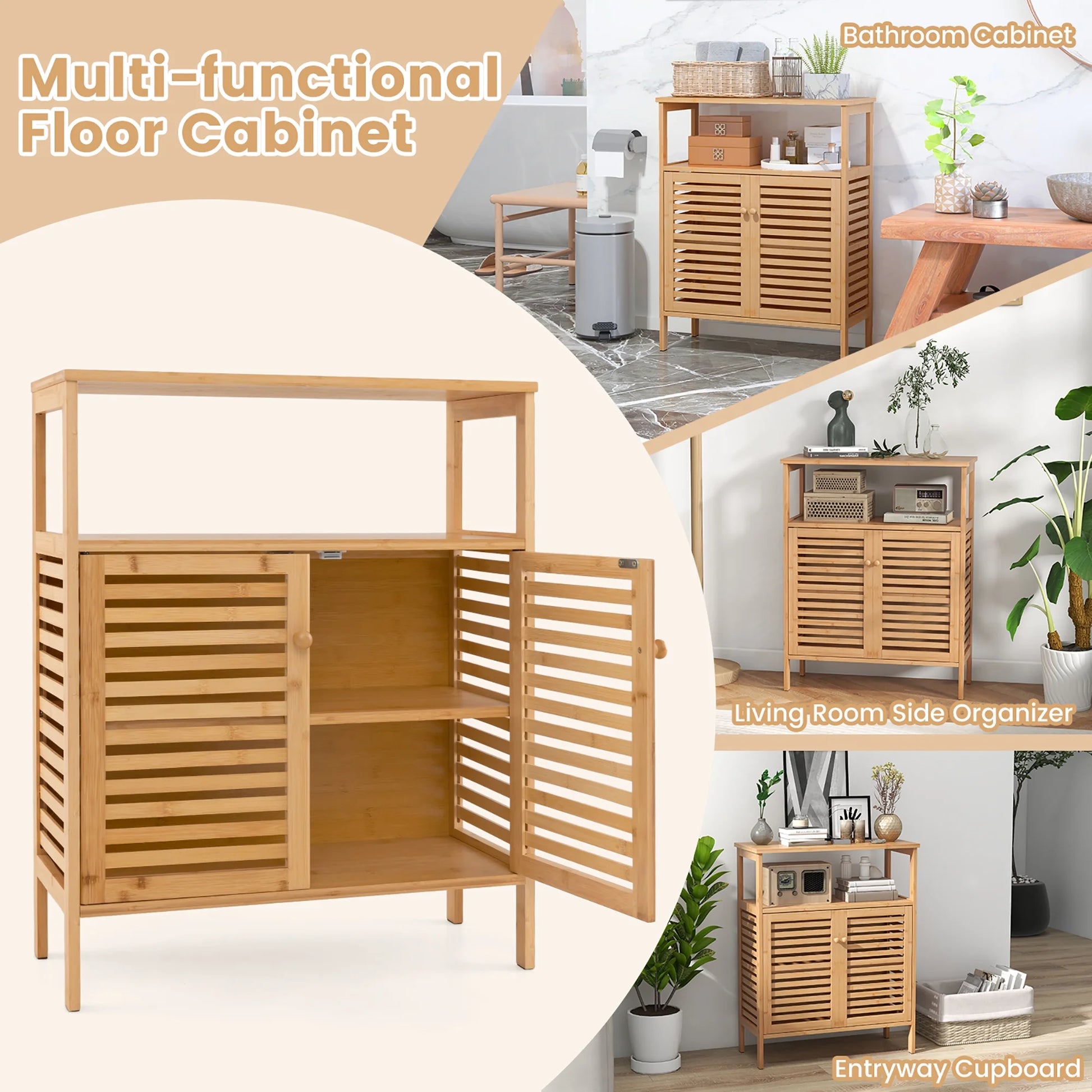 Gymax Bathroom Floor Cabinet Freestanding Bamboo Storage Organizer w/Double Shutter Doors