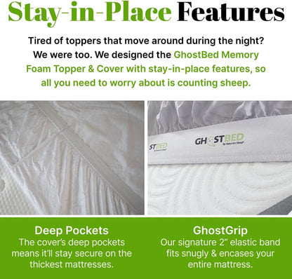 GhostBed 3 Inch Cooling Gel Memory Foam Mattress Topper - Waterproof Cover, Protector & Topper in One, Made in USA - Memory Foam Mattress Topper Queen