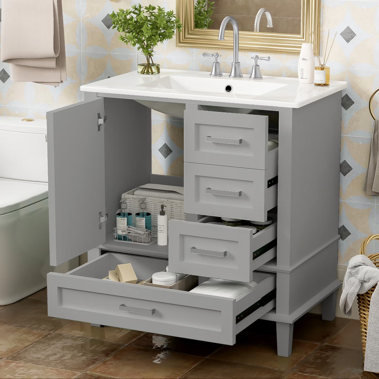 Nyveth Modern Bathroom Vanity with Ceramic Sink, Shelves, Drawers, Wood, Green