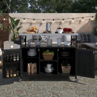 Outdoor Kitchen Island, Rolling Bar Cart & Storage Cabinet, Farmhouse Solid Wood Outdoor Grill Table with Stainless Steel Top, Spice Rack , Towel Rack for Kitchen & BBQ , Natural