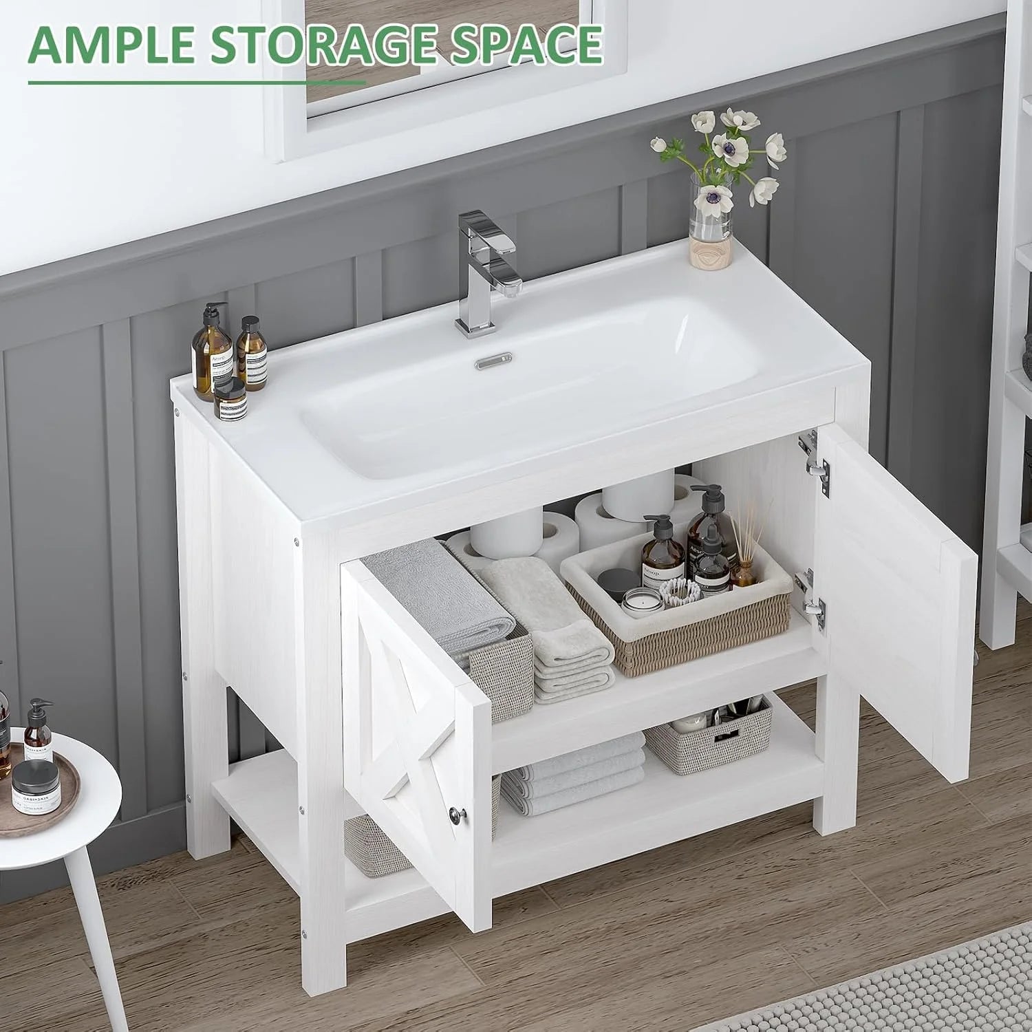 DreamCurship Bathroom Vanity with Sink Combo, 35'' Bathroom Storage Cabinet with Storage, Farmhouse Bathroom Vanity Cabinet with 2 Doors and Open Shelf, White