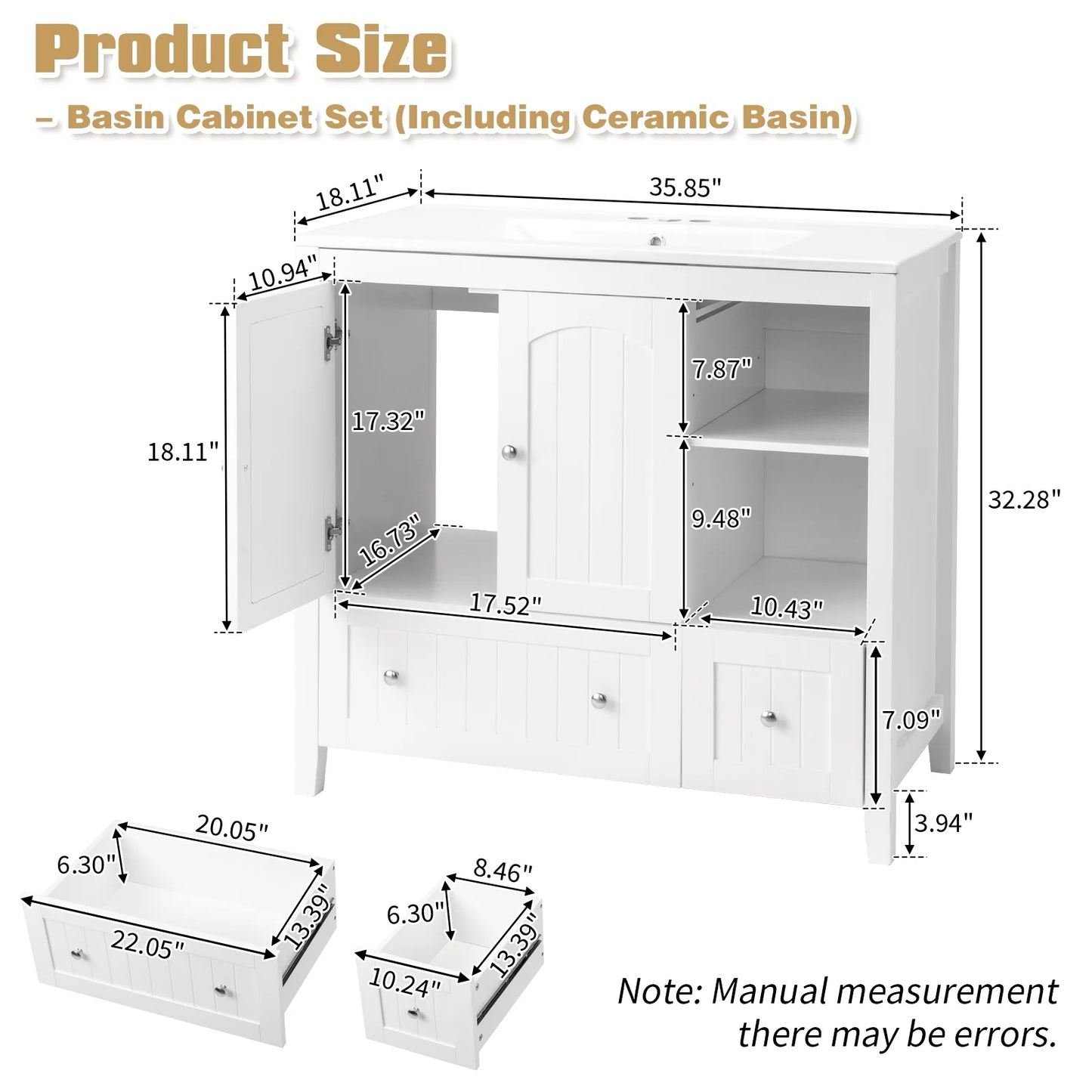 Ktaxon Modern 36'' Bathroom Vanity Set with Sink Ceramic Top, Freestanding Cabinet Storage Space Saver, White (Split Two Packages for Delivery)