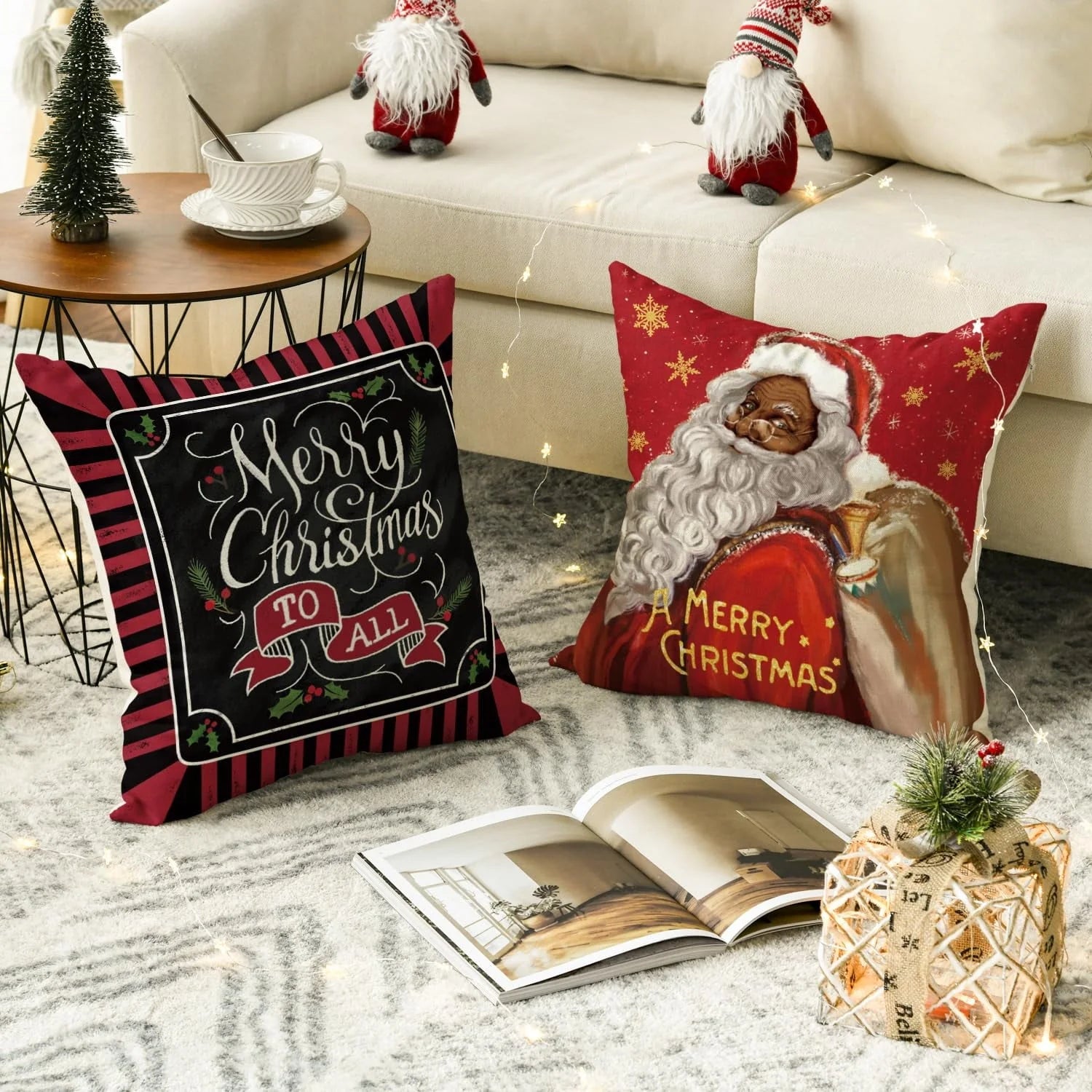 Artoid Mode Merry Christmas Santa Claus Angel Girl Xmas Pillow Covers 4-Pack 18 x 18 Red Black Square Decorative Winter Farmhouse Outdoor Throw Pillow Case