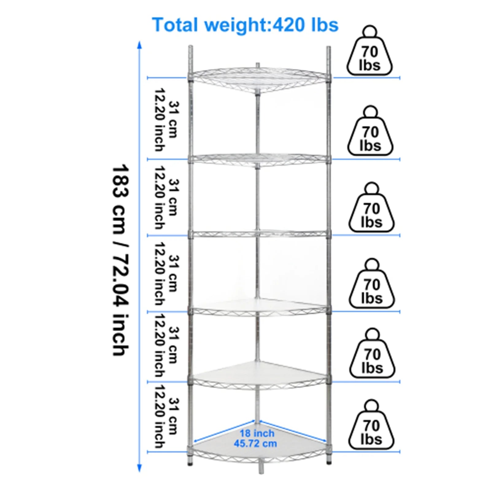 6 Tier Corner Storage Shelves, Wire Shelving Unit, Adjustable Metal Heavy Duty Free Standing Corner Storage Display Chrome Rack for Laundry Bathroom Kitchen Pantry Closet, Chrome