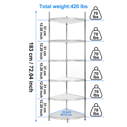 6 Tier Corner Storage Shelves, Wire Shelving Unit, Adjustable Metal Heavy Duty Free Standing Corner Storage Display Chrome Rack for Laundry Bathroom Kitchen Pantry Closet, Chrome