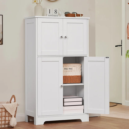 Bathroom Floor Storage Cabinet, Freestanding Bathroom Storage Unit with 2 Adjustable Shelves & 4 Doors, 11.8 x 23.6 x 42.7 Inches, White
