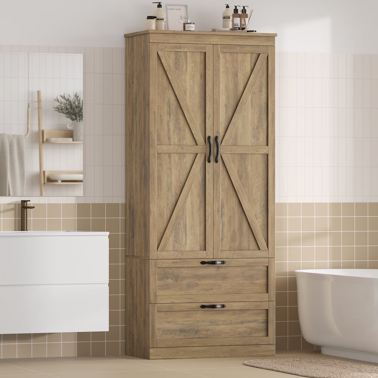 Homfa 70.3"H Bathroom Storage Cabinet, Farmhouse Linen Storage Cabinet with 2 Drawers, White