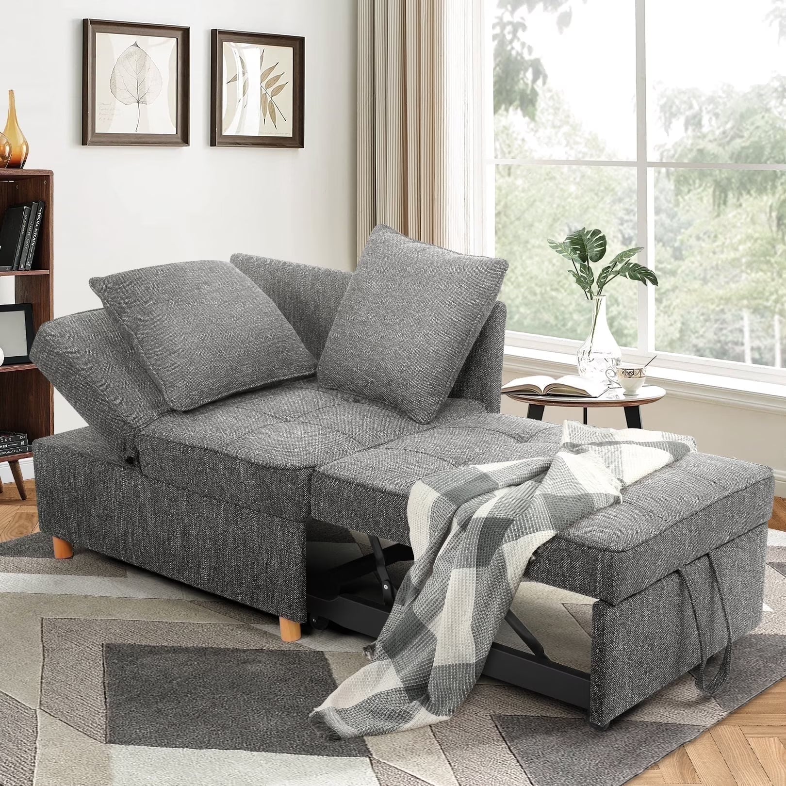 SEJOV 4-in-1 Convertible Sleeper Chair Bed, Linen Sofa Bed for Small Space, Futon Sofa with 2 Throw Pillows for Living Room, Single Recliner with 5 Adjustable Backrest for Bedroom Apartment, Brown