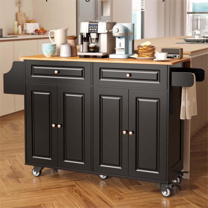 Lofka Kitchen Islands Carts with Storage, 52° kitchen Islands with 2 Storage Cabinet, Spice Rack, Towel Rack, Brown