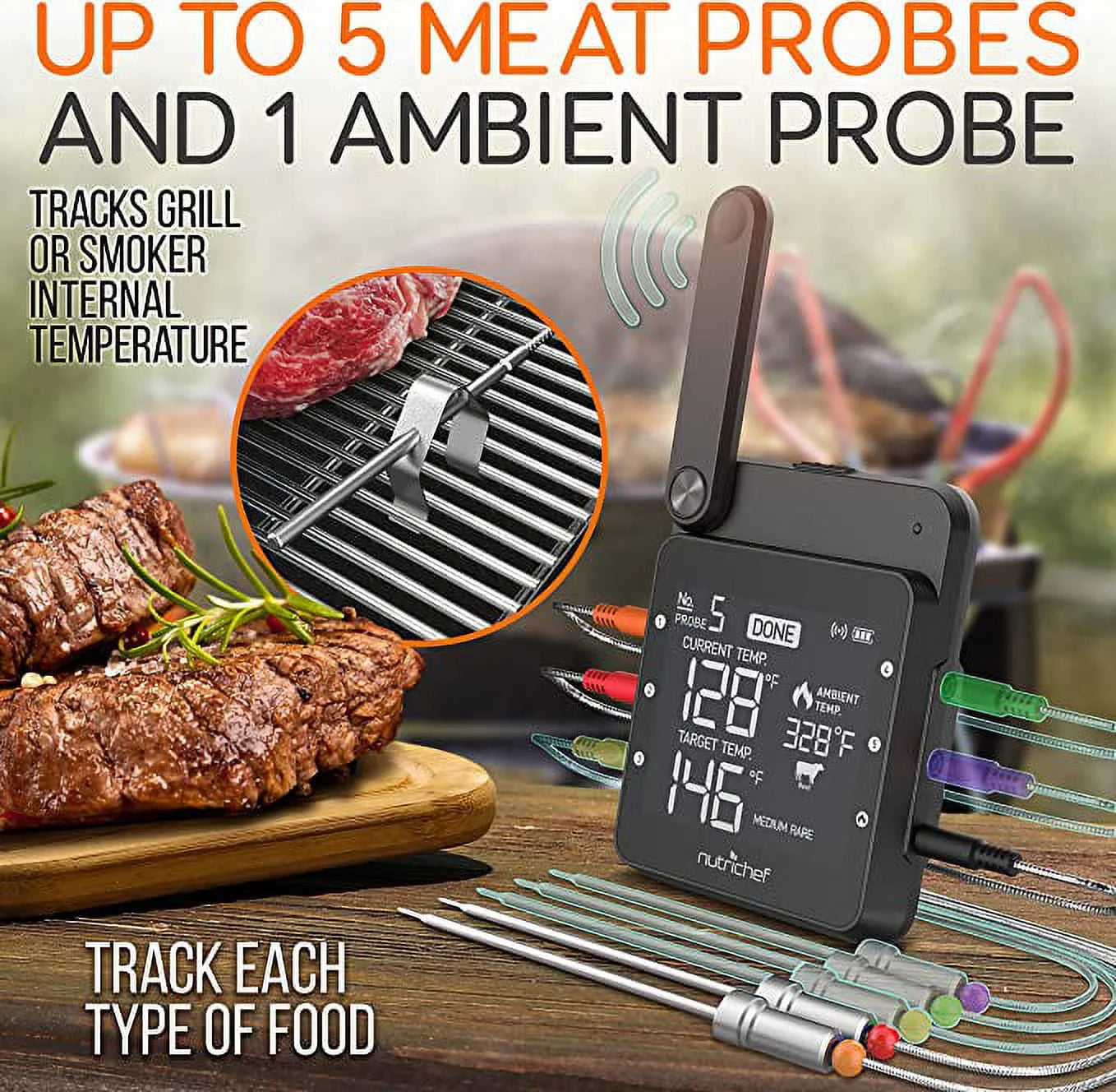 NutriChef Wi-Fi Grill Meat Thermometer Wireless Dual Smart Probes, Alarm Indoor from Outdoor, Black