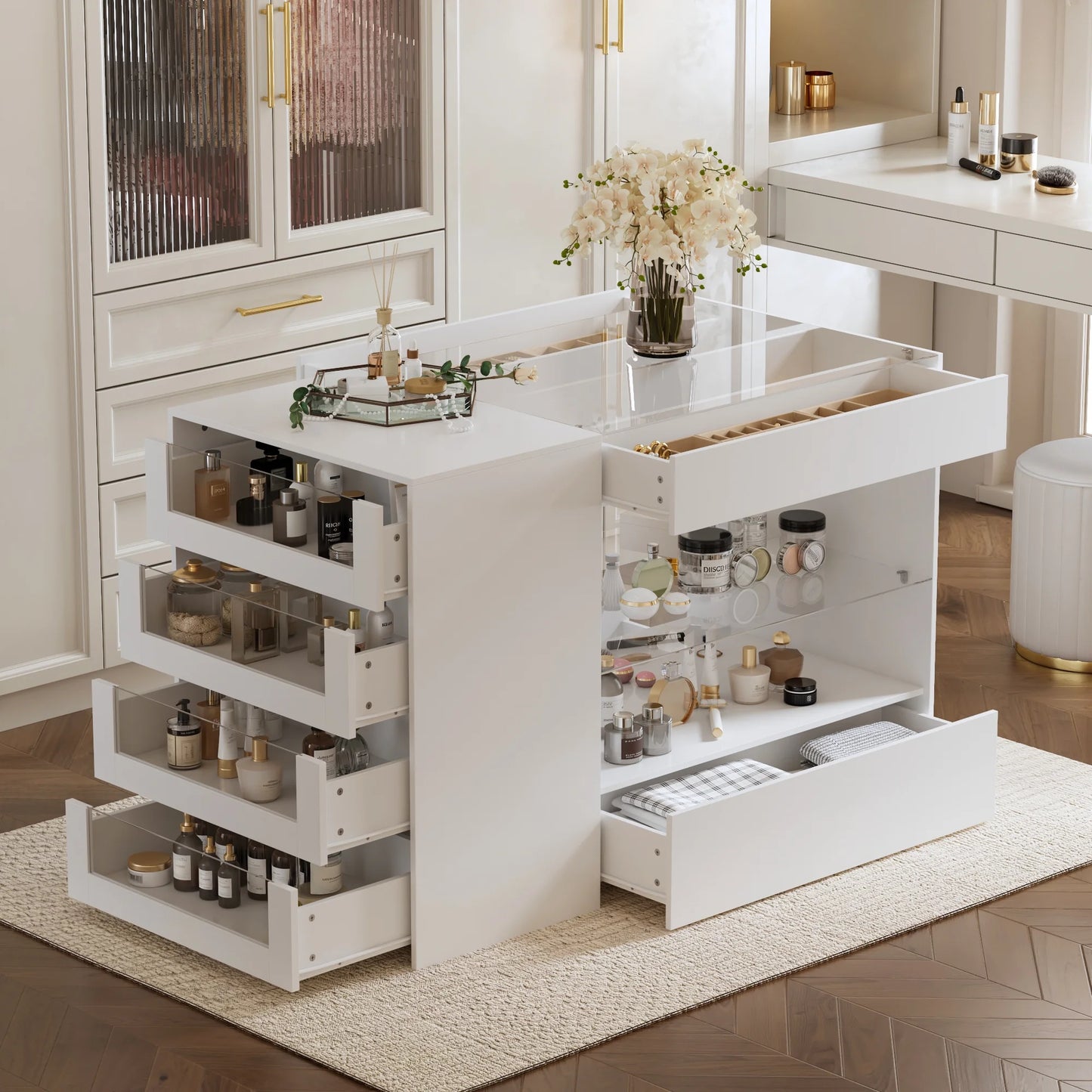 KULAGAGA Closet Island with Glass Top & 8 Drawers,Wardrobe Armoire Island for Walk-in Closet, Store Dressing Room, 47.2° W x 23.6° D x 31.5° H