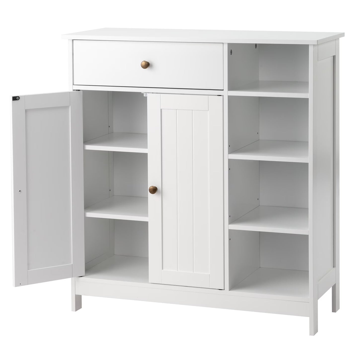 Zimtown Wooden 2-Door Bathroom Cabinet Storage Organizer with 2 Shelves& 1 Drawer & Three-layer Side Rack, White