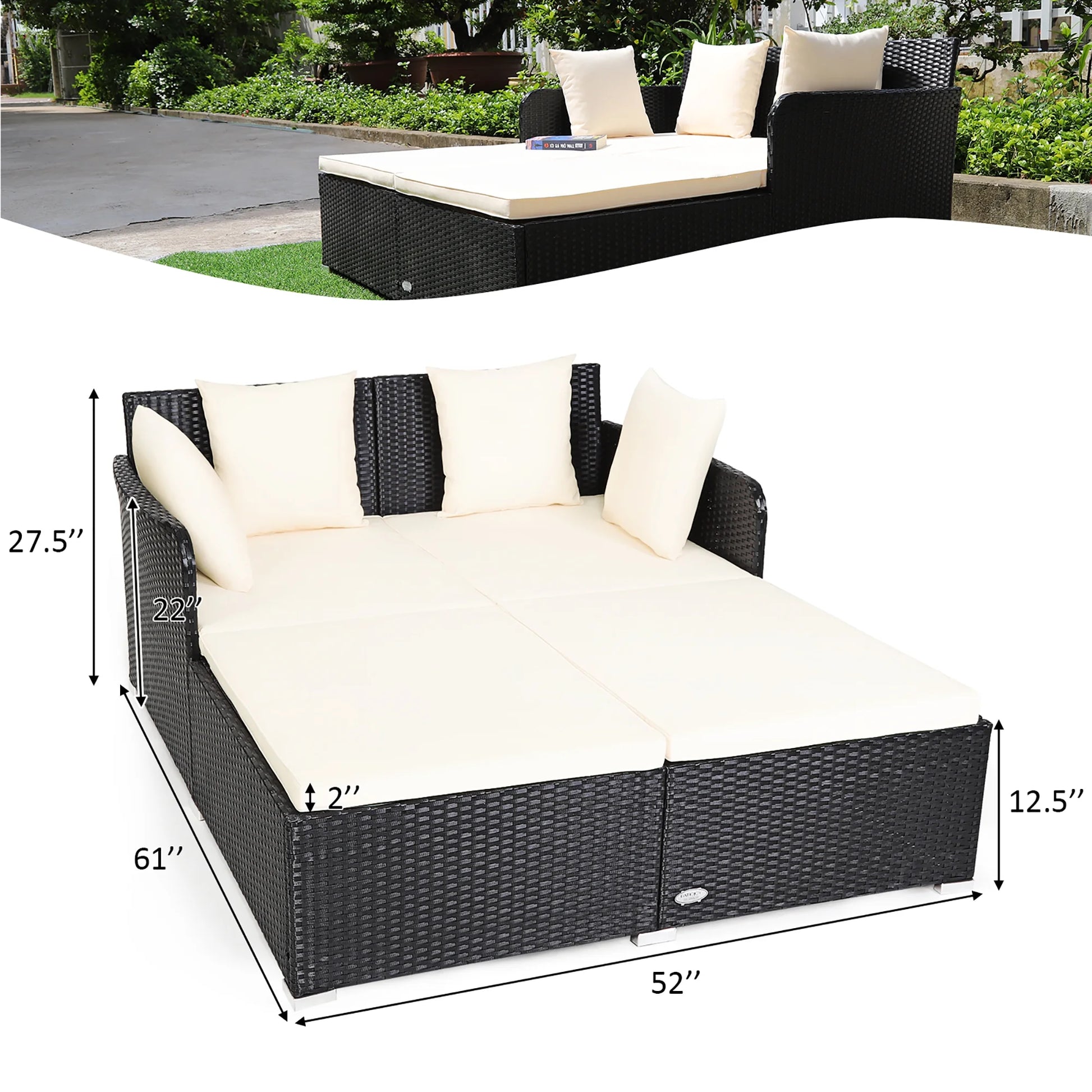 Costway Outdoor Patio Rattan Daybed Pillows Cushioned Sofa Furniture Beige