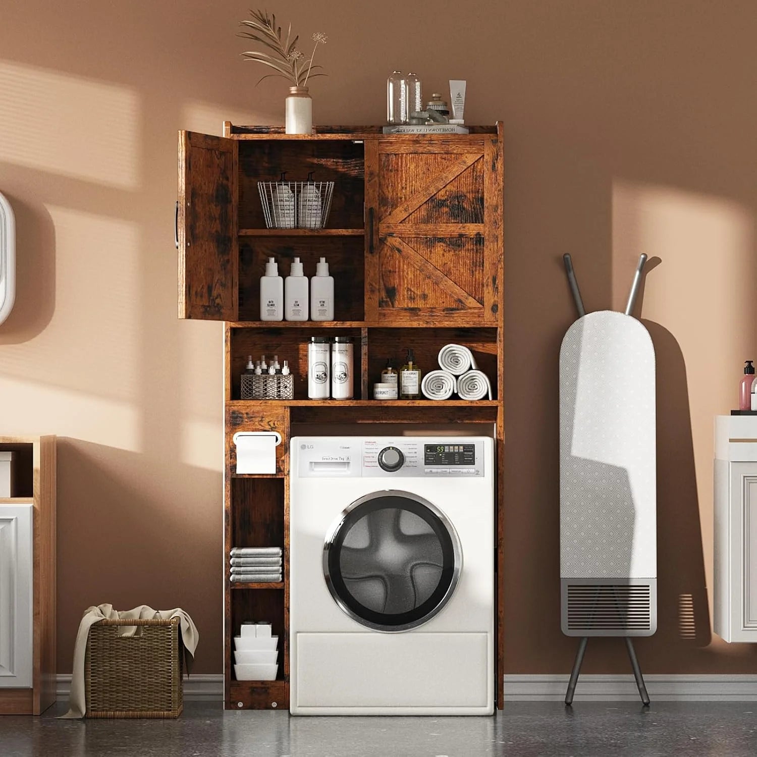 Selooye Over The Toilet Storage Cabinet, 32'' Farmhouse Storage Cabinet Over Toilet with 2 Barn Door, Toilet Paper Holder Stand and Adjustable Shelves, Toilet Rack for Bathroom, Restroom, Laundry