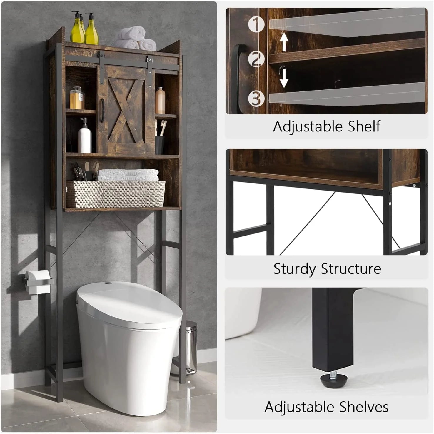 PWFE Farmhouse Over Toilet Bathroom Organizer, Freestanding Over The Toilet Storage Cabinet with Sliding Barn Door, Bathroom Space Saver Toilet Stands(Tan with metal frame)