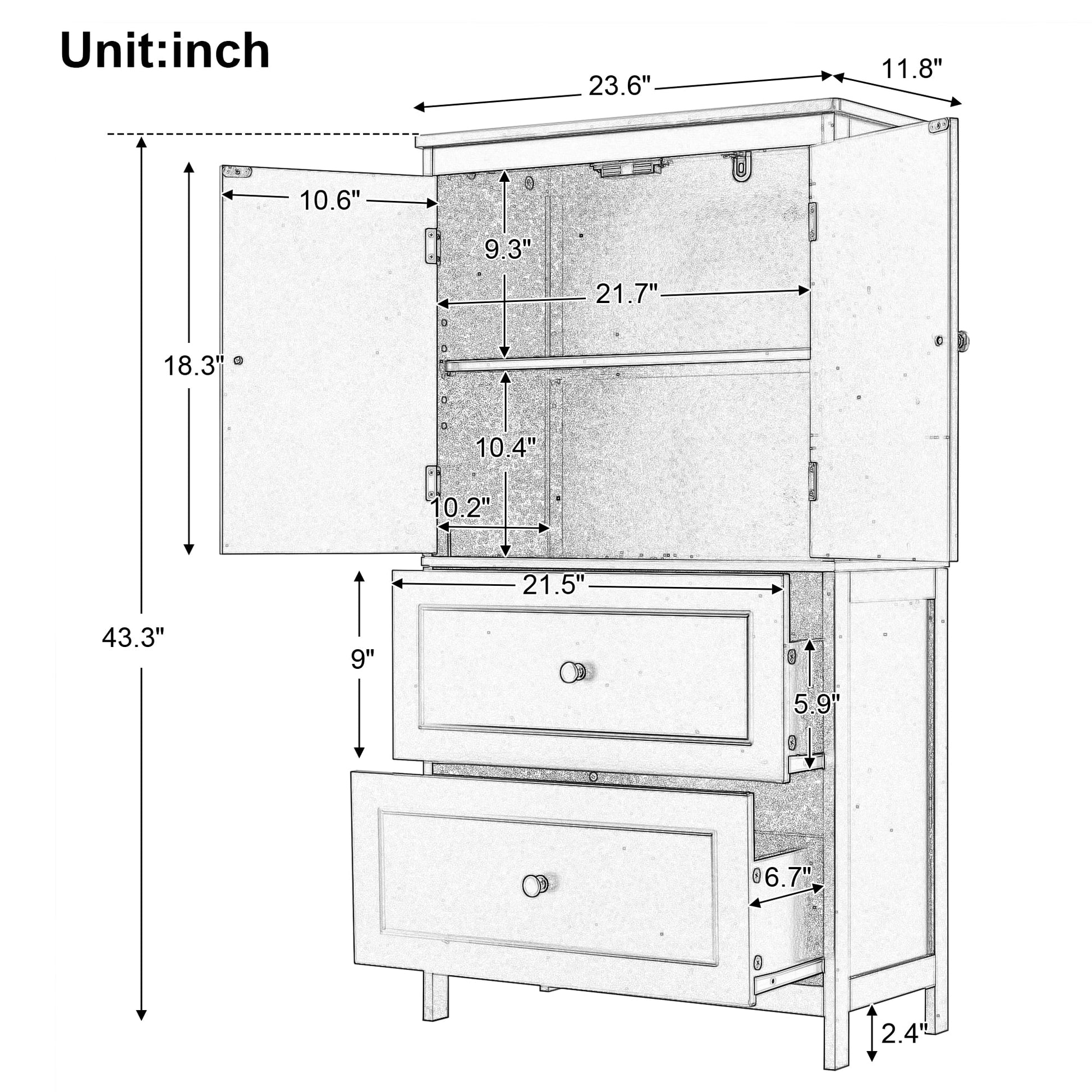 Aukfa 43.3" Tall Wood Storage Cabinet with Two Doors and Adjustable Shelves for Bathroom Kitchen, White