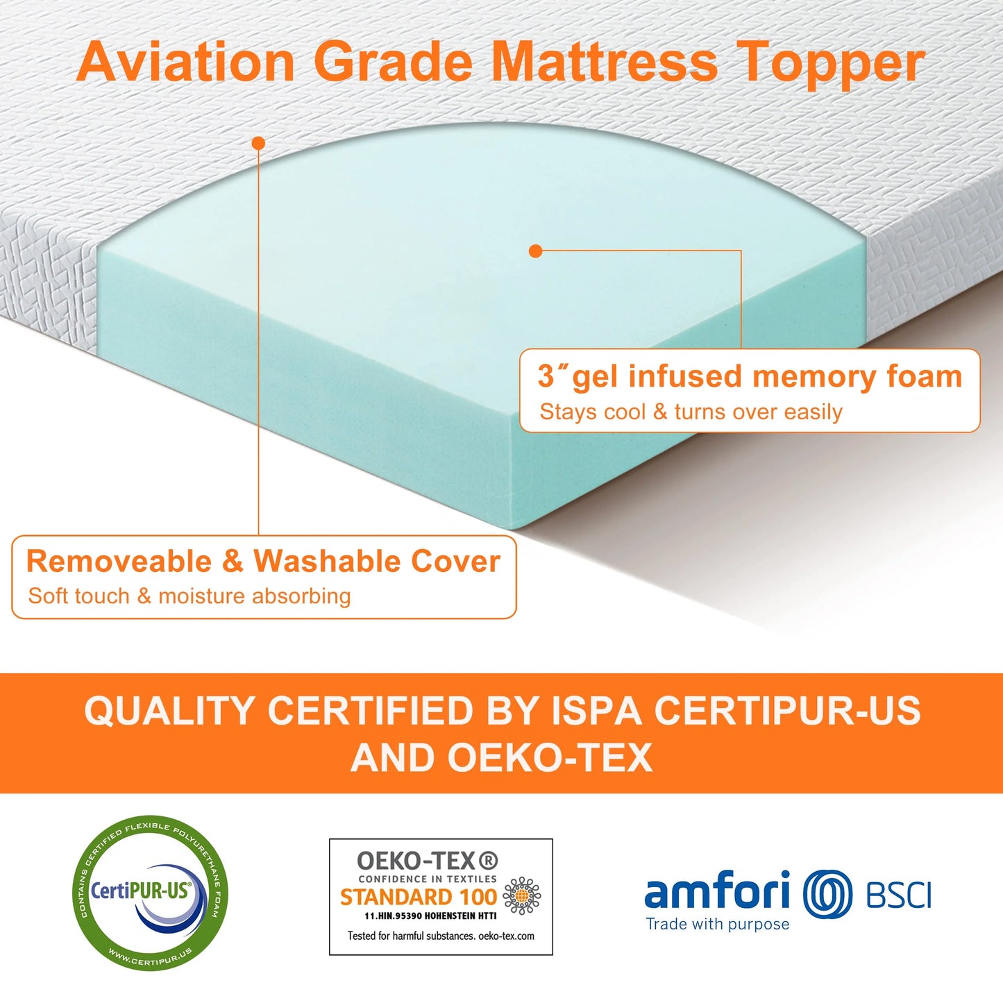 BedLuxury 3" Gel Memory Foam Mattress Topper, King Size - High Density