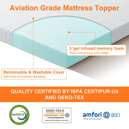 BedLuxury 3" Gel Memory Foam Mattress Topper, King Size - High Density