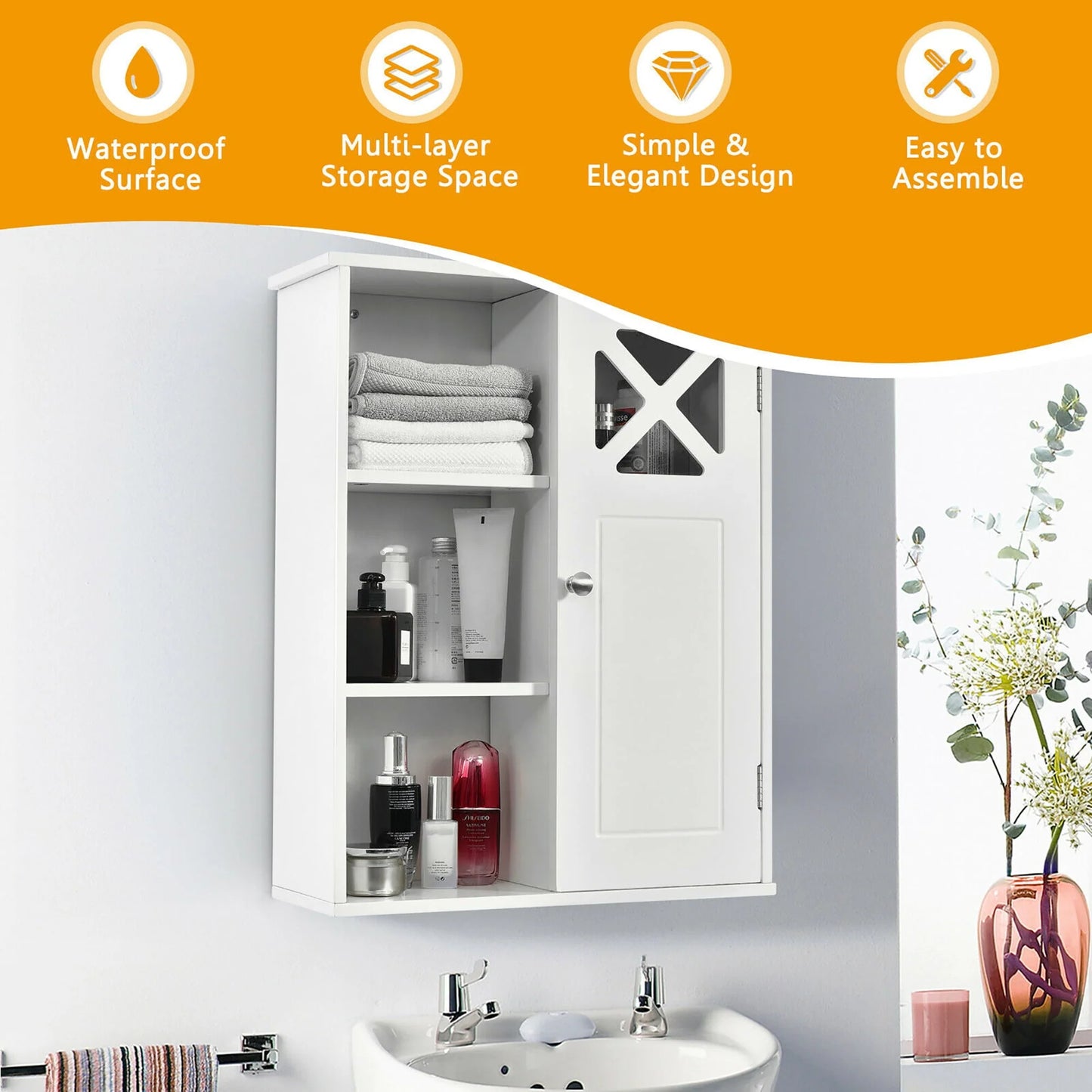 Costway Wall-Mounted Cabinet Bathroom Storage 2-Tier Shelf Multipurpose Organizer White
