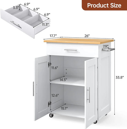 SELOOYE Kitchen Island Cart with Storage, Rolling Side Table, Large Worktop, Cabinet, Towel Rack, Drawers