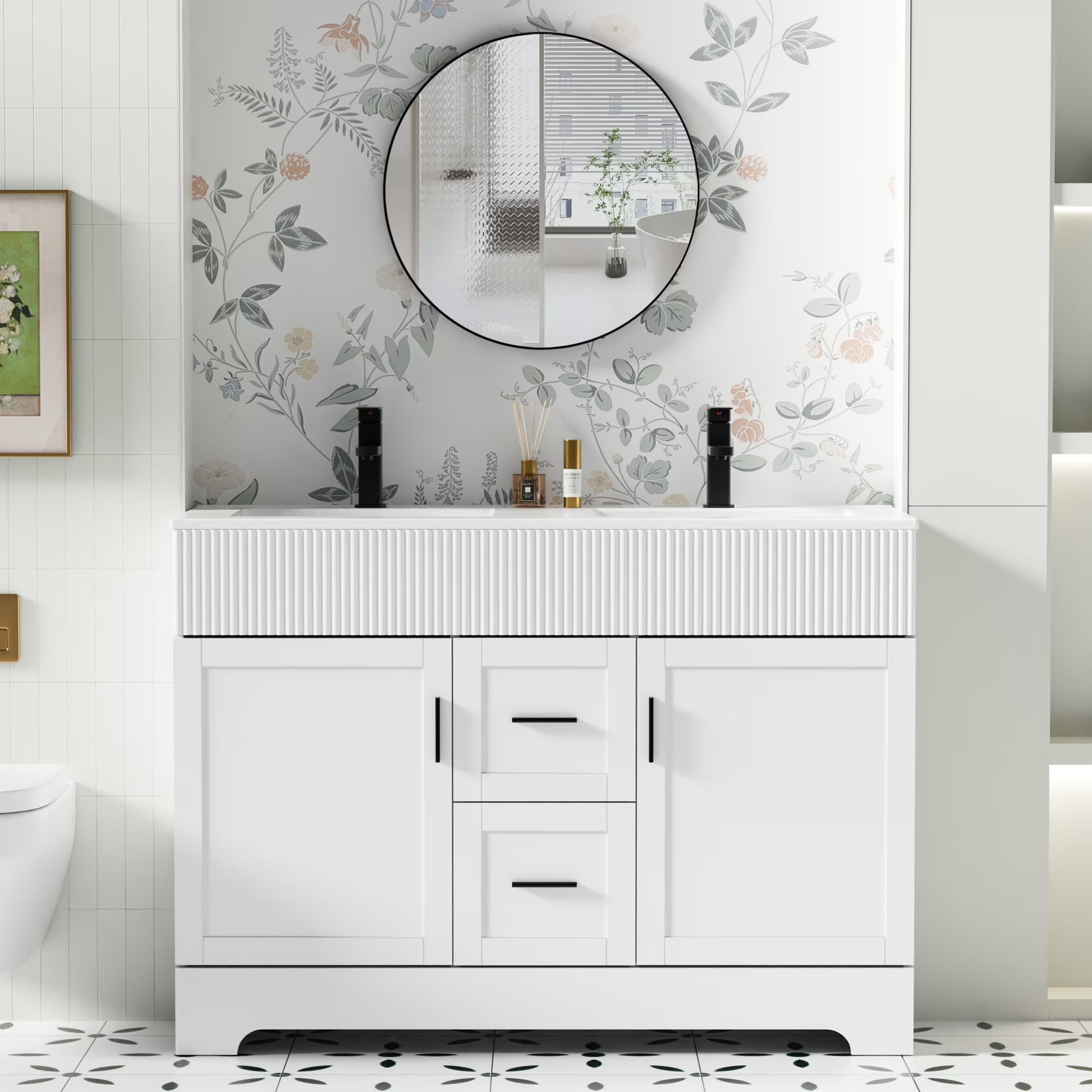 Eclife 48-Inch Mid-Century Modern Green Double Sink Bathroom Vanity with Resin Countertop