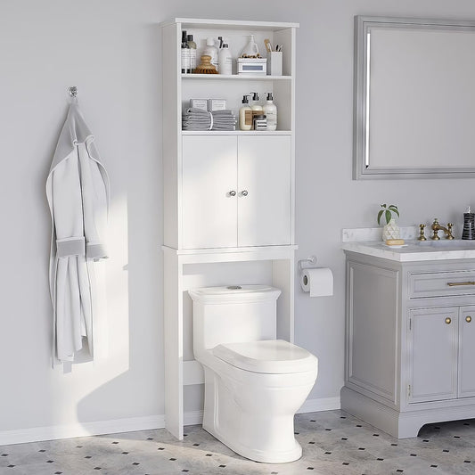 Sobaniilo Over The Toilet Storage Cabinet for Bathroom, Storage Organizer Over Toilet, Space Saver W/Adjustable Shelf & Open Storage Shelf, 75in, White