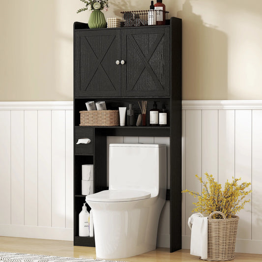 HOMCOM Over the Toilet Storage Cabinet, Farmhouse Above Toilet Bathroom Organizer with Barn Doors, Adjustable Shelf, Toilet Paper Holder, Black