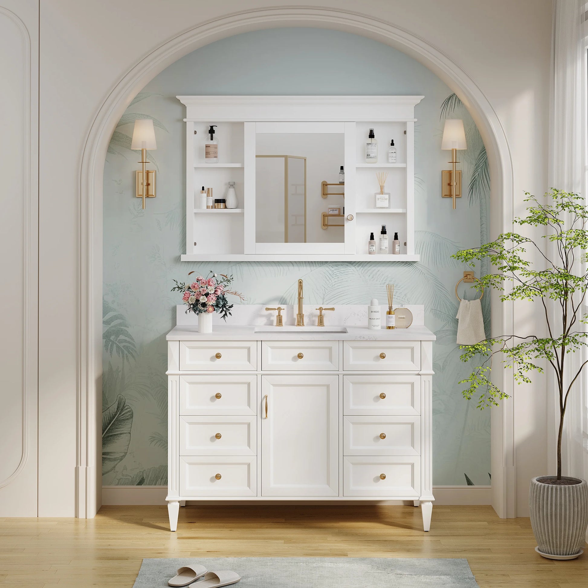 FORCLOVER 40"x 32" Bathroom Medicine Cabinet with 3 Adjustable Shelves, Recessed Mount Wooden Medicine Cabinet Storage with Mirrors and Soft-Close Door, White