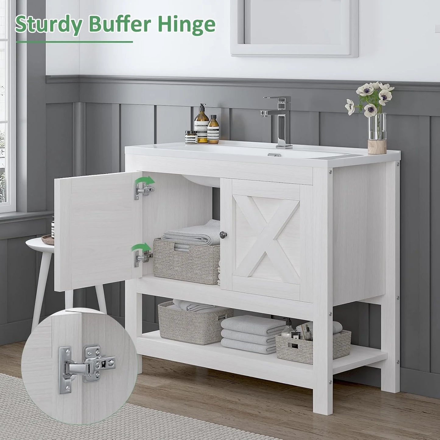 DreamCurship Bathroom Vanity with Sink Combo, 35'' Bathroom Storage Cabinet with Storage, Farmhouse Bathroom Vanity Cabinet with 2 Doors and Open Shelf, White