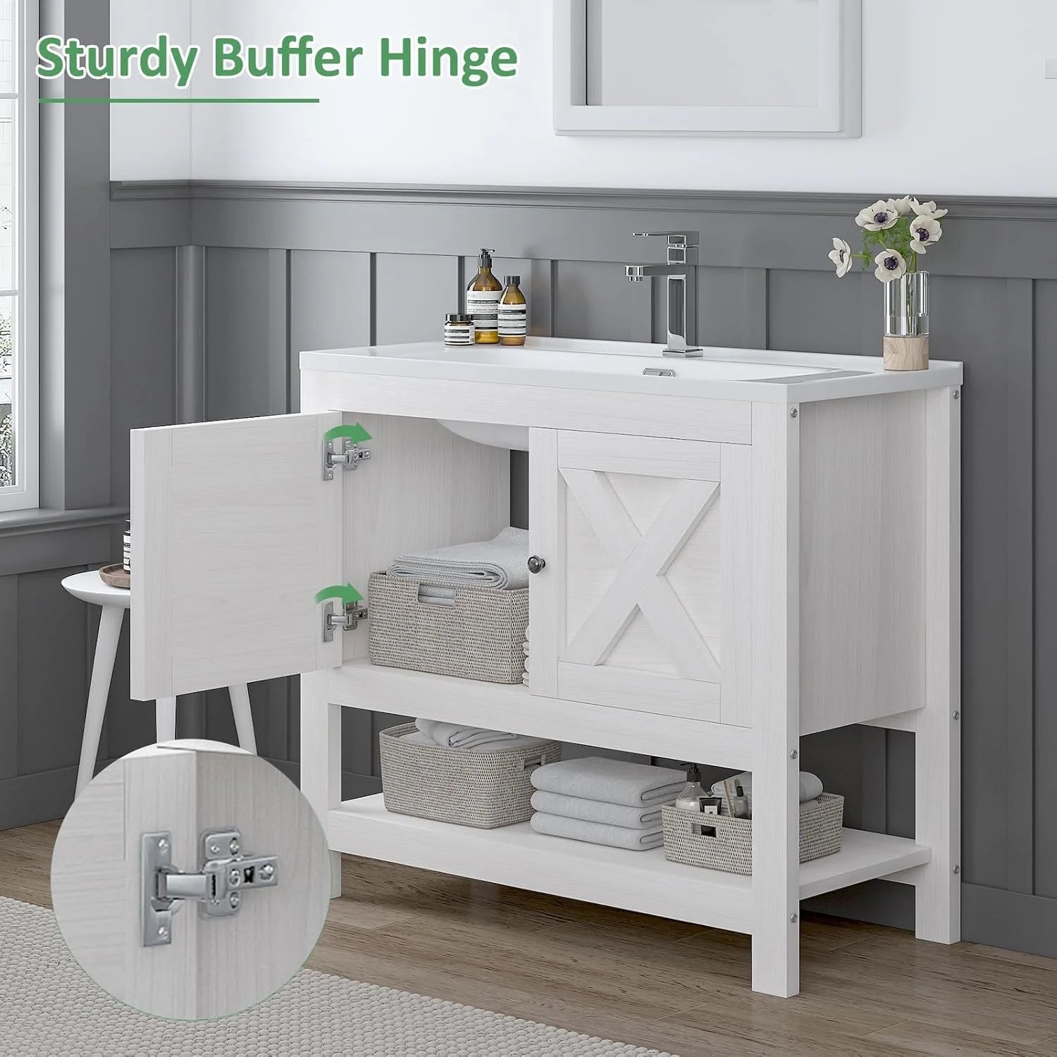 DreamCurship Bathroom Vanity with Sink Combo, 35'' Bathroom Storage Cabinet with Storage, Farmhouse Bathroom Vanity Cabinet with 2 Doors and Open Shelf, White