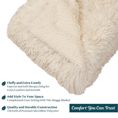 PAVILIA Soft Fluffy Faux Fur Bed Blanket, King, Cream Beige, Shaggy Furry Warm Sherpa Blanket Fleece Throw for Sofa, Couch, Decorative Fuzzy Plush Comfy Thick Throw Blanket, 90x108