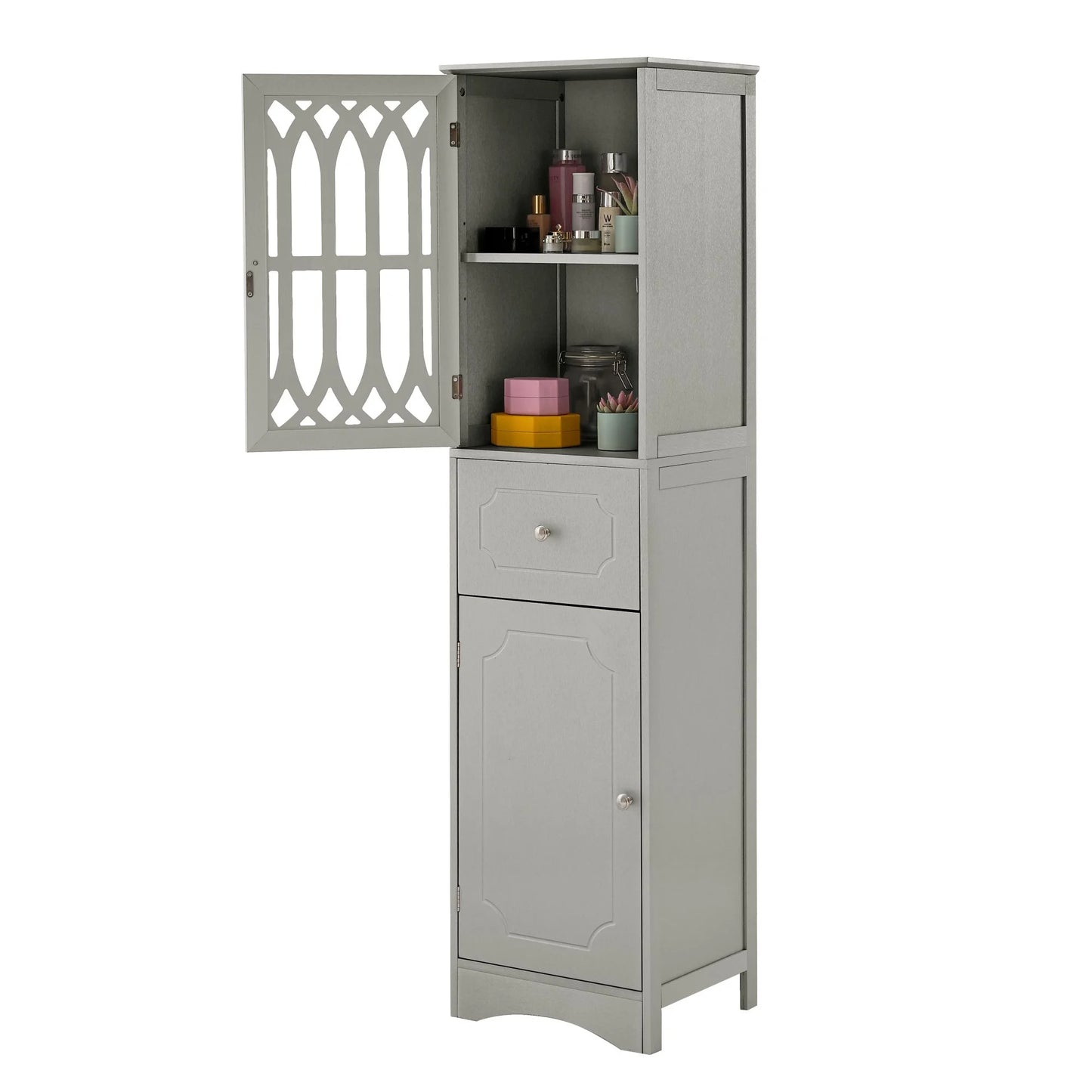 DEALTOPS Modern Bathroom Cabinet with Drawer and 2 Cabinets, Slim Freestanding Storage Cabinet with adjustable shelf for Bathroom - Gray