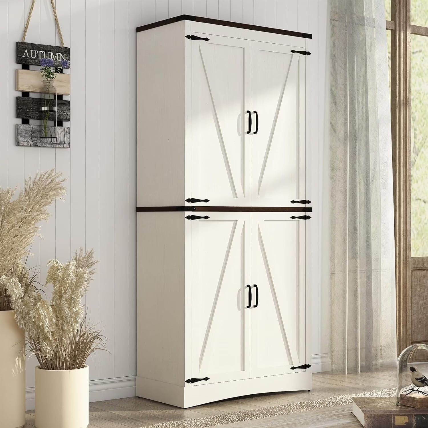 71" Tall Farmhouse Kitchen Pantry Cabinet, 5 Layers Storage Cabinet with Adjustable Shelves, Farmhouse Pantry Cabinet with 4 Barn Doors for Kitchen, Dining Room, Bathroom, Living Room, Rustic White