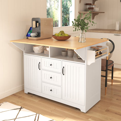 Yoneston 55.7" Kitchen Island with Drop Leaf and Power Outlet, Rolling Kitchen Cart with Spice Towel Rack, Folding Storage Dining Table with 3 Drawers 2 Doors for Kitchen Dining Room, White