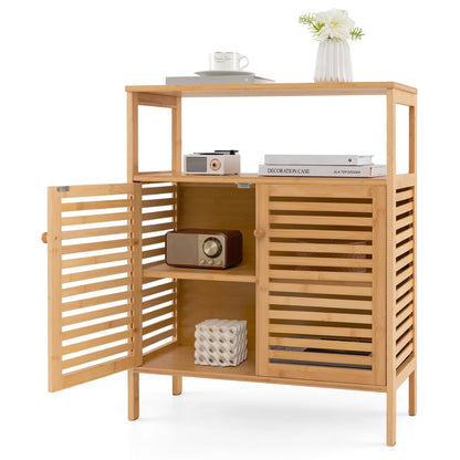 Gymax Bathroom Floor Cabinet Freestanding Bamboo Storage Organizer w/Double Shutter Doors