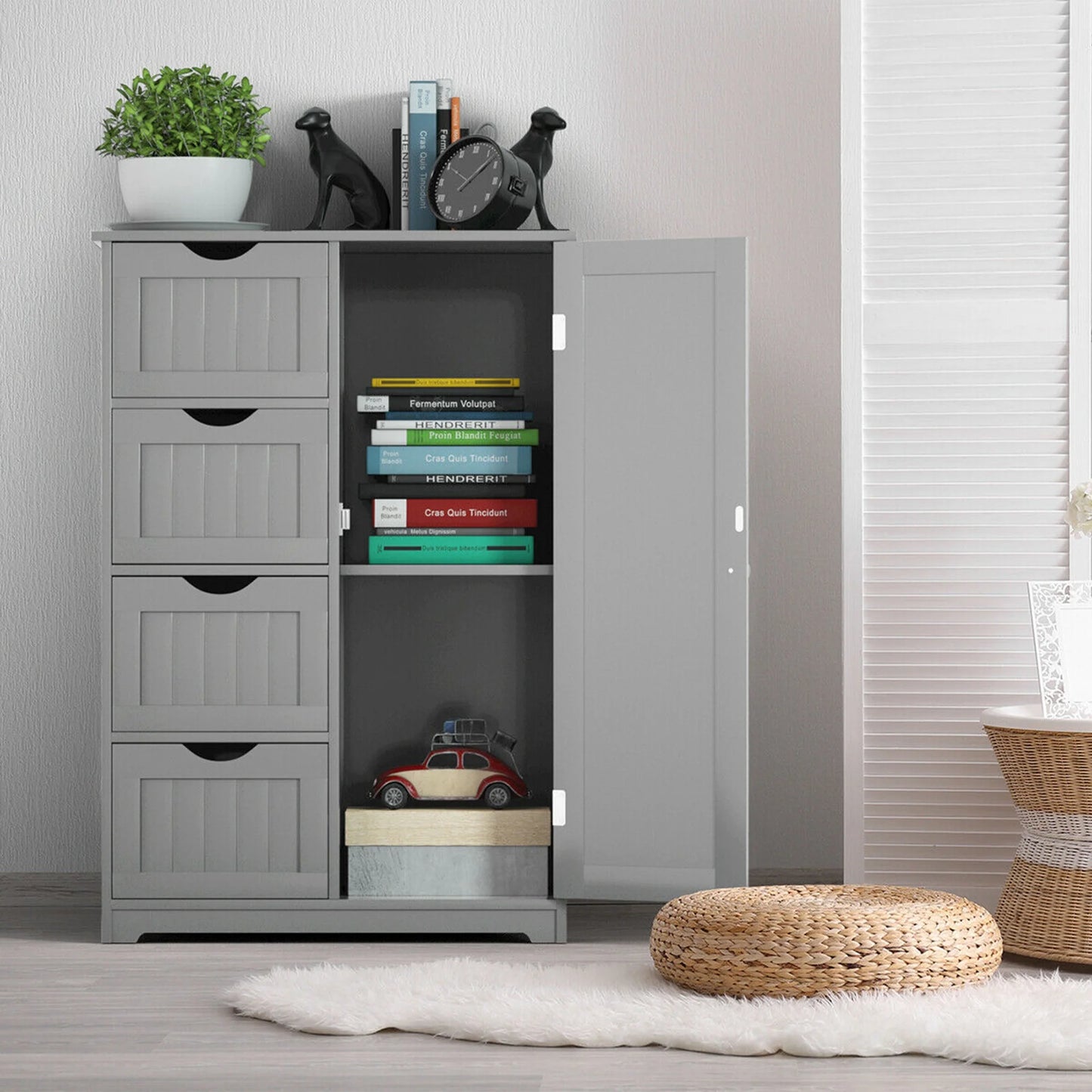 Gymax Bathroom Floor Cabinet Storage Organizer Cupboard w/4 Drawers Adjustable Shelf Grey